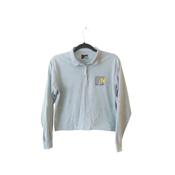 MTV Light Gray Collared Graphic Long Sleeve Cropped Tee Medium Women’s - Picture 1 of 10